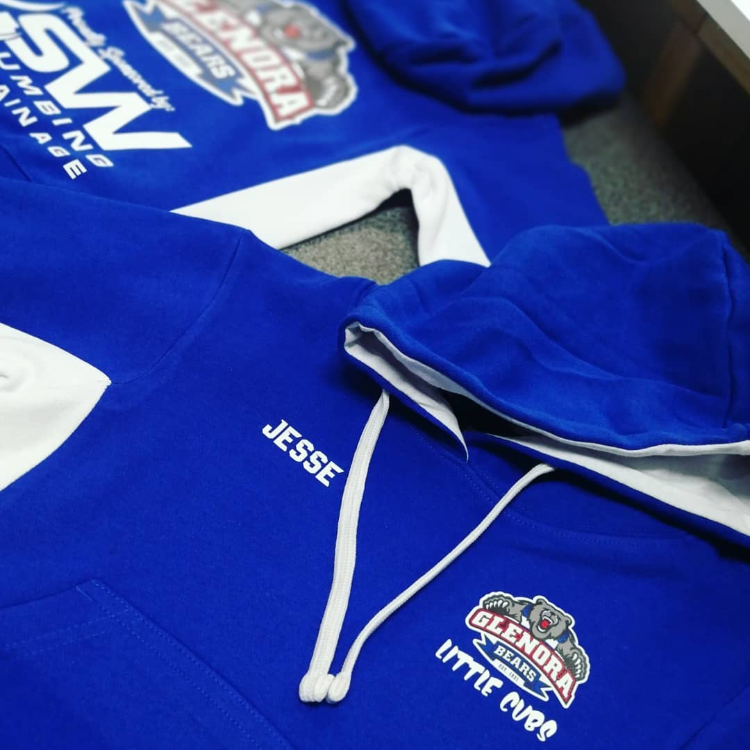 Custom printed Glenora Bears hoodies showing DTF transfer detail