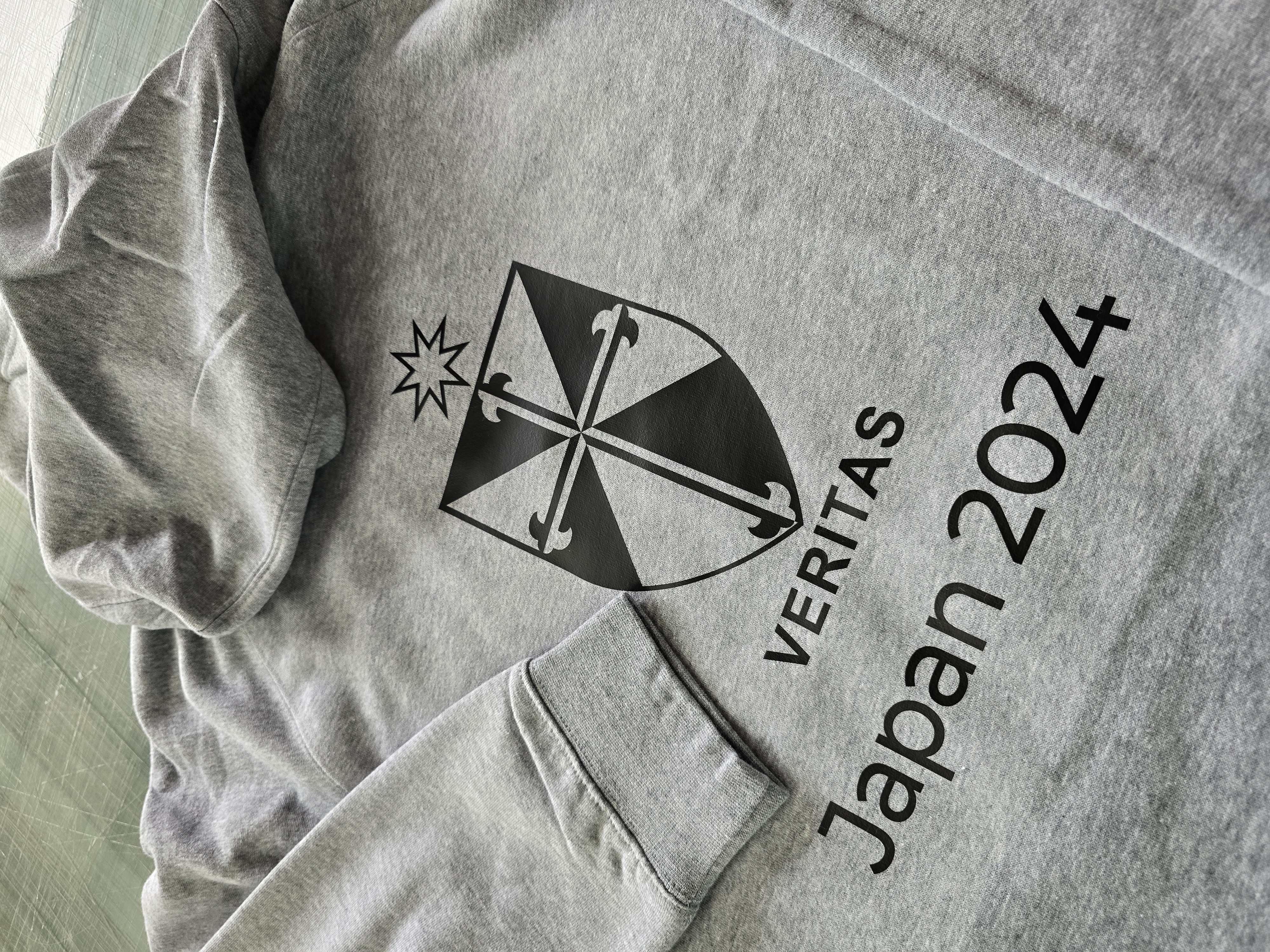 Grey Veritas Japan hoodie with embroidered logo detail