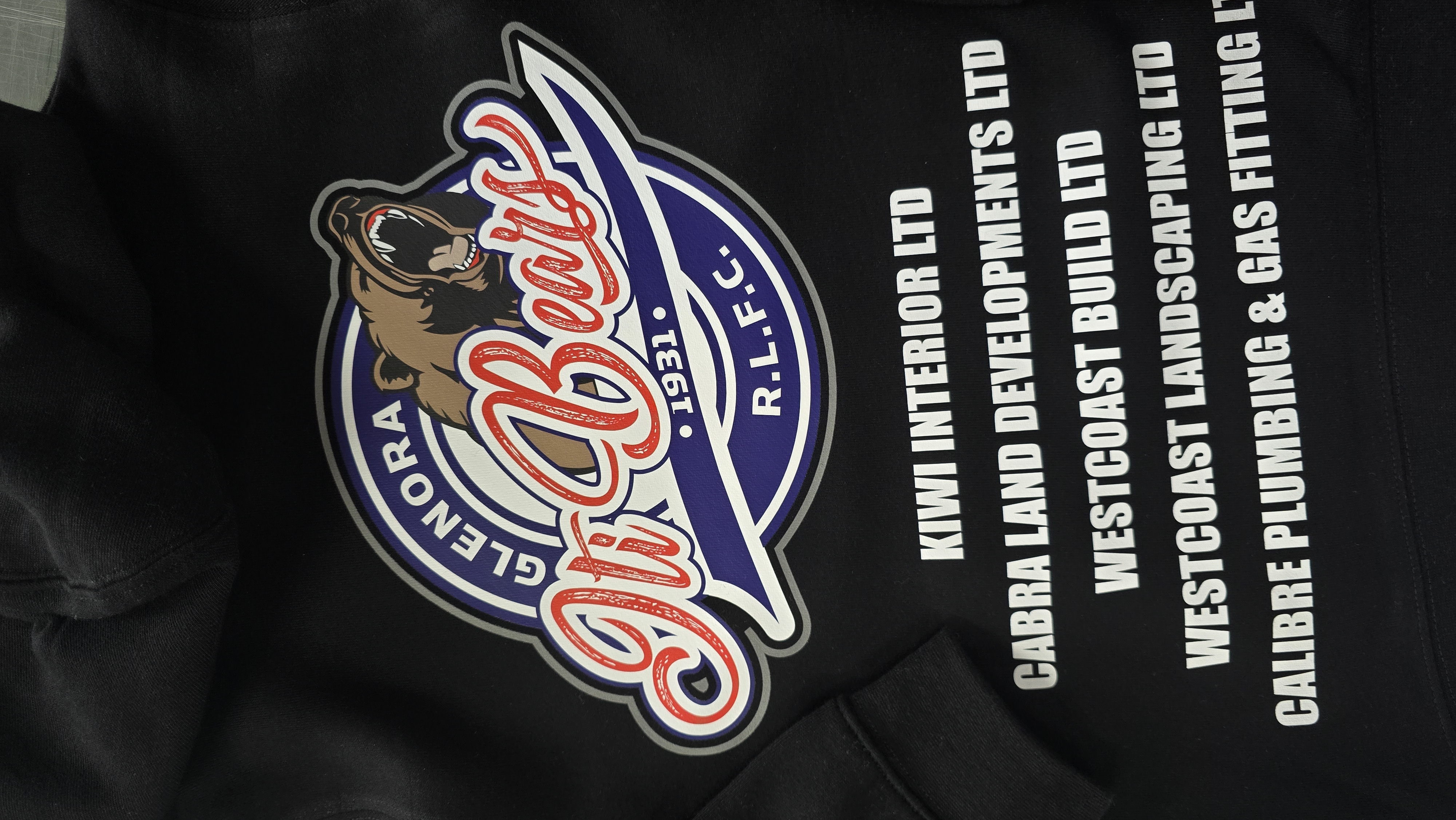 Custom printed Glenora Bears rugby league hoodie with sponsor logos